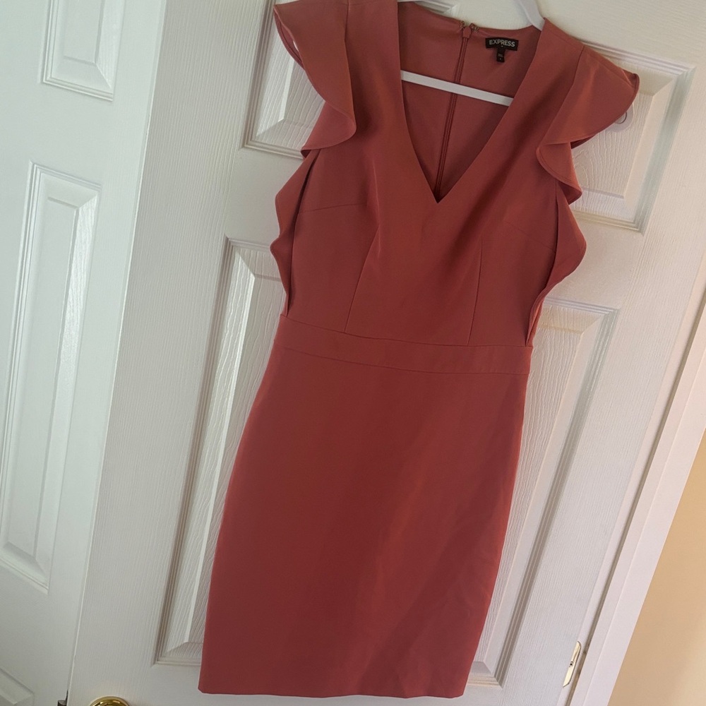 Express Ruffled V-Neck Mini Dress in Rust